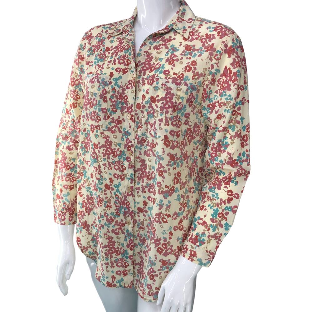 Overland Womens Size M Button Front Top Blouse Floral Tunic Length Cotton Blend